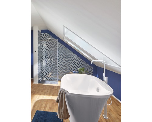 Badkamer met ligbad, douche en dakraam in een huis