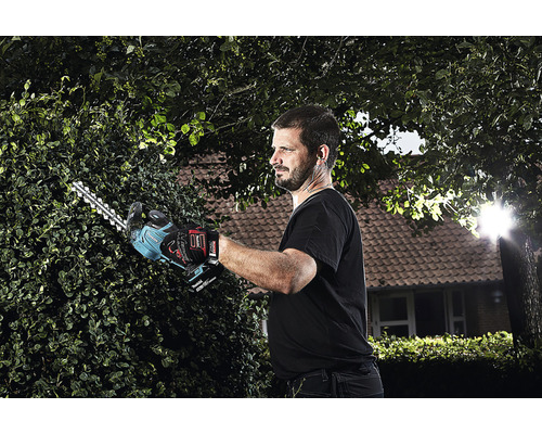 Man snoeit haag met een accu heggenschaar