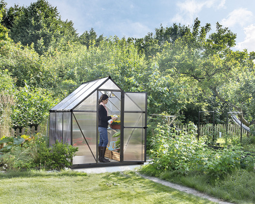 Kas met open deur en een persoon die een plant verzorgt, in de tuin