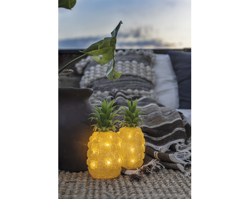 Decoratieve scène met twee ananaslampen, plant en dekens voor een gezellige sfeer.