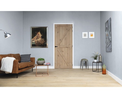 Woonkamer met houten schuurdeur, bank en decoratie