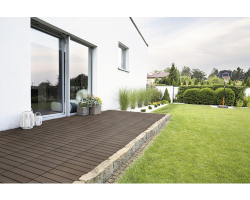 Terras met terrastegels aan een huis met tuin.