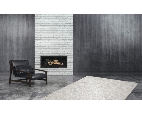 Woonkamer met fauteuil, vloerkleed en open haard.