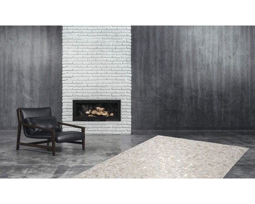 Woonkamer met fauteuil, vloerkleed en open haard