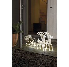 Verlichte slee met rendieren als kerstdecoratie voor een voordeur.