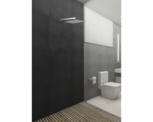 Moderne badkamer met douche, toilet en houten vloer