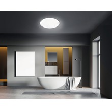 Moderne badkamer met bad, wastafel, spiegel, plafondlamp en grijs tapijt