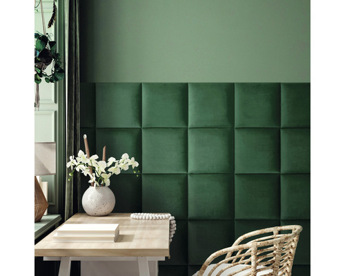 MOLLIS Wandkussen Riviera flessengroen 30x30 cm Kamer met groene wandbekleding van stoffen panelen, bureau en decoratie