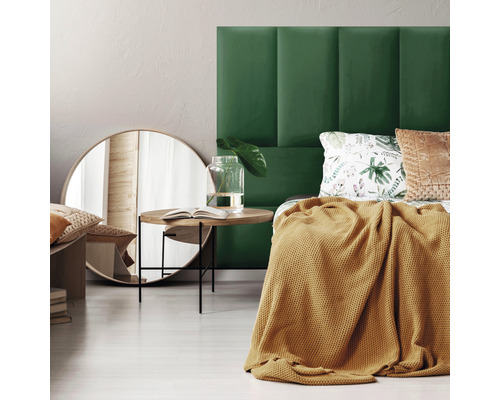 MOLLIS Wandkussen Riviera flessengroen 30x60 cm Slaapkamer met groen hoofdeinde, ronde spiegel en bijzettafel