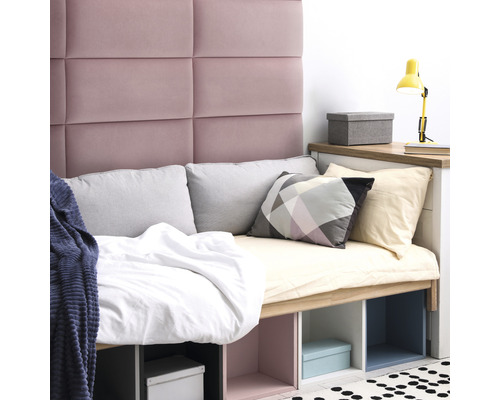 MOLLIS Wandkussen Matt Velvet oudroze 30x60 cm Moderne kamer met gestoffeerd hoofdeinde, bed met opbergruimte, kussens en bureaulamp