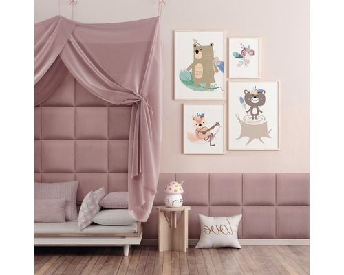 MOLLIS Wandkussen Matt Velvet oudroze 30x30 cm Kinderkamer ontwerp met dierenmotieven, hemelbed en gestoffeerde muur