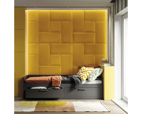 MOLLIS Wandkussen Matt Velvet zwavelgeel 30x60 cm Kinderkamer met bed, lades, kussens en gele wandbekleding