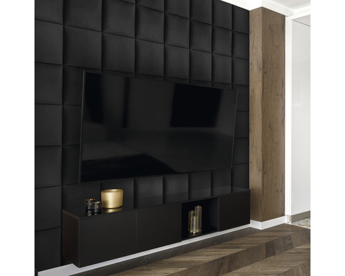 MOLLIS Wandkussen Matt Velvet zwart 30x30 cm Woonkamer met zwarte akoestische wandpanelen en tv-meubel