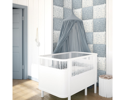 MOLLIS Wandkussen Print ruimte 30x30 cm 4 stuks Kinderkamer met wit ledikant en blauwe hemel voor een muur met patroon