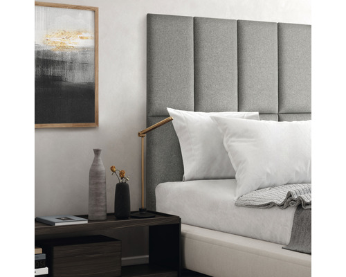 MOLLIS Wandkussen Salva lichtgrijs 30x60 cm Slaapkameropstelling met bed, grijs hoofdeinde, nachtkastje en decoratie