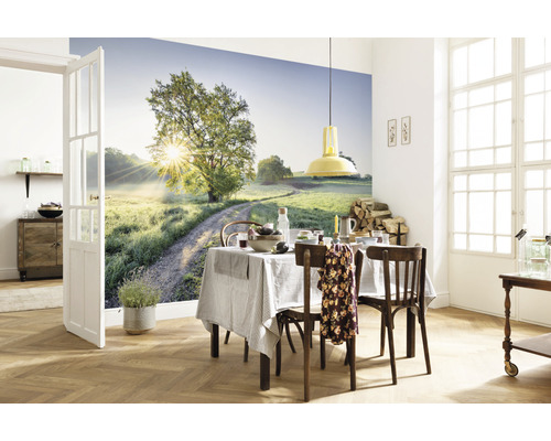 Woonkamer met fotobehang dat een landweg met boom laat zien