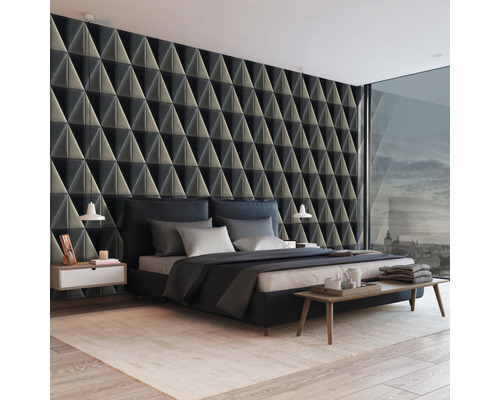 Moderne slaapkamer met driedimensionaal behang, bed en nachtkastjes.