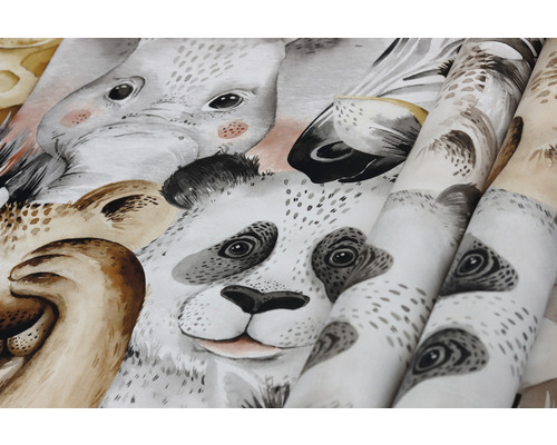 Behang met dierenmotieven, waaronder panda, leeuw, zebra en olifant