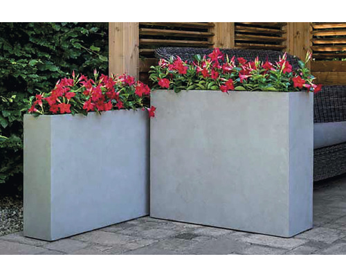 Twee rechthoekige plantenbakken met rode bloemen op een terras.