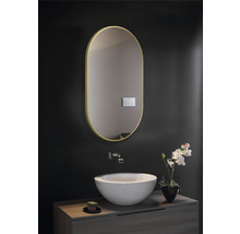 Badkamer met ovale spiegel, wastafelmeubel en opzetwastafel