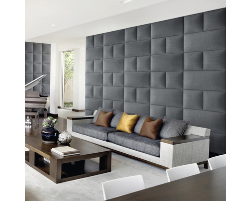 MOLLIS Wandkussen Kingston blauwgrijs 30x60 cm Woonkamer met grijze akoestische panelen op de wand, bank en salontafel