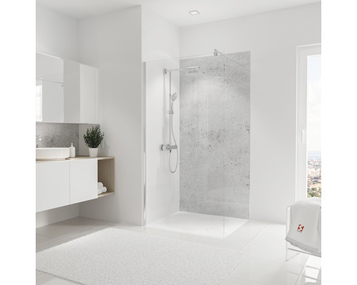 SCHULTE Douche achterwand 210x100 cm steen-lichtgrijs Moderne badkamer met glazen douchecabine, wastafel en spiegel