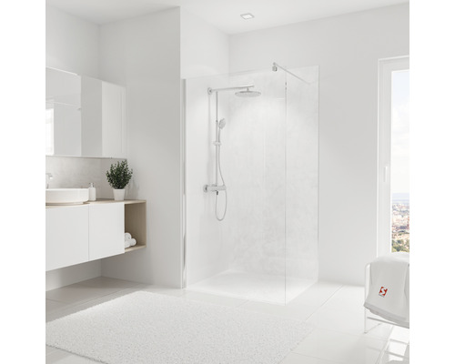 SCHULTE Douche achterwand 210x100 cm marmer Lichte badkamer met douche, wastafel en badmat voor een uitnodigende sfeer