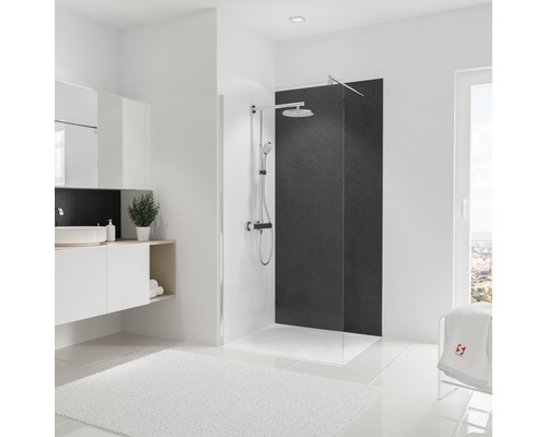 SCHULTE Douche achterwand 210x100 cm steen antraciet Lichte badkamer met douchecabine, wastafel en wit vloerkleed