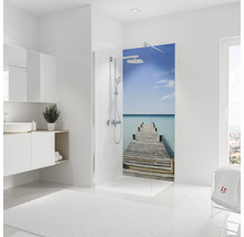 Badkamer met douchecabine en strandmotief