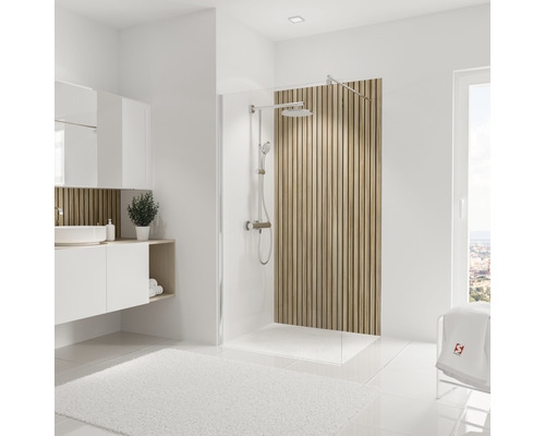 SCHULTE Douche achterwand 210x100 cm Japandi Lichte badkamer met douche, wastafel en handdoek
