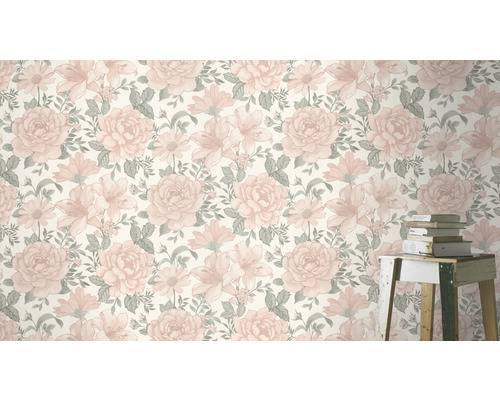 Behang met rozen- en bloemmotief