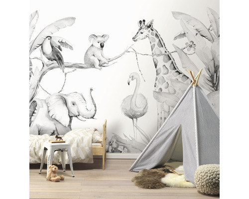 Kinderkamer met behang met dierenmotieven, tent en kindermeubels