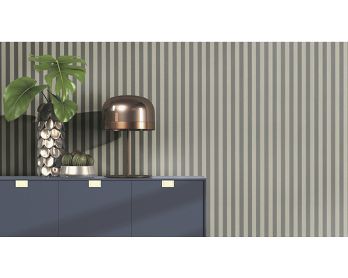 Decoratieve opstelling met tafellamp, vaas, plant en cactus op een kast voor een gestreept behang.