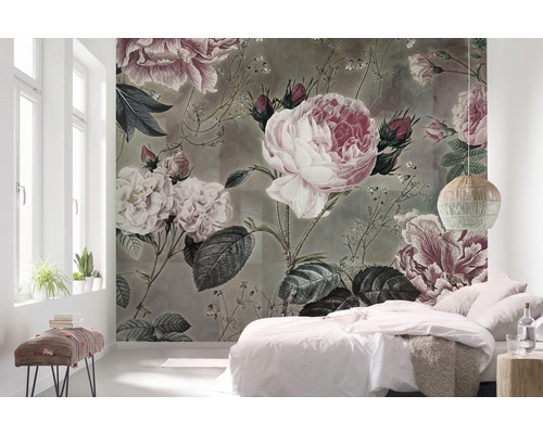 Slaapkamer met fotobehang met rozenmotief