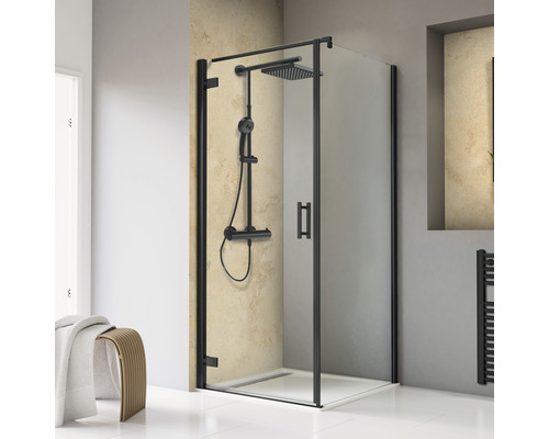 SCHULTE Douchedeur met zijwand ExpressPlus Toura 80x80 cm zwart Hoekdouche met zwart frame en douchearmatuur in badkamer