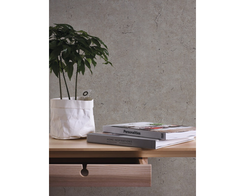 Kamer met plant, boeken en houten meubels voor een behang