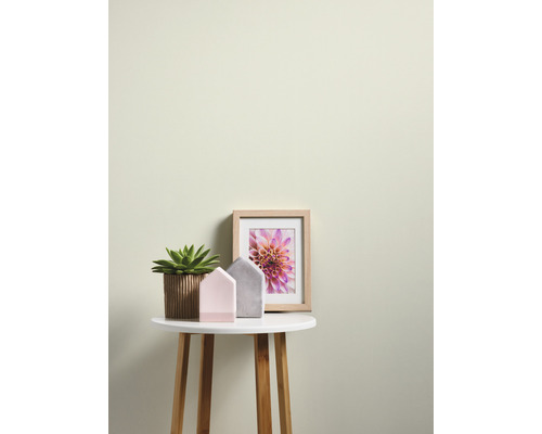 Decoratieve scène met kamerplant, huizen en een foto op een bijzettafel.