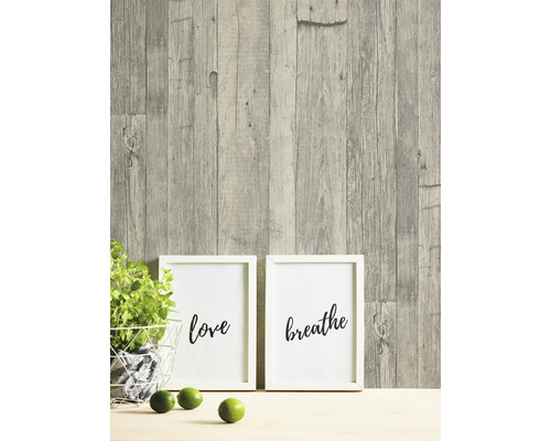 Decoratieve scène met een plant, twee ingelijste foto''s met de opschriften ''liefde'' en ''adem'' en drie limoenen voor een houten muur