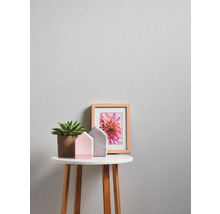 Decoratieve opstelling met potplant, huisfiguren en ingelijste afbeelding op bijzettafel