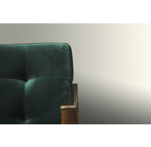 Detail van een groene bank met gecapitonneerde rugleuning.