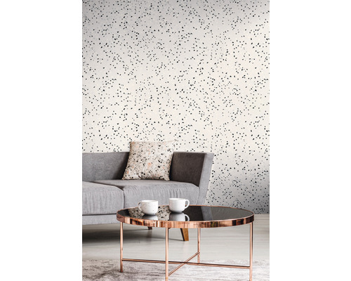 Woonkamer met terrazzo behang, bank en tafel