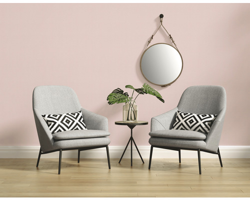 Woonkamer met twee fauteuils, klein tafeltje, kamerplant en ronde spiegel