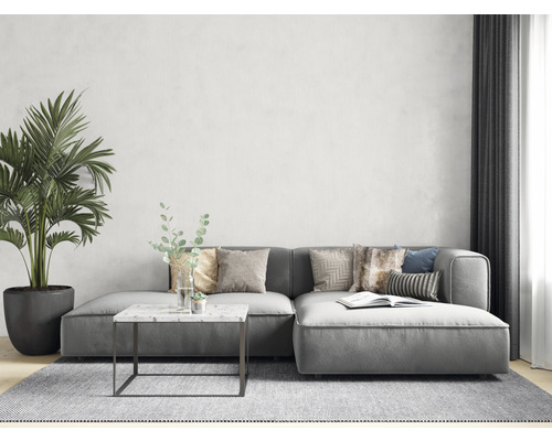 Woonkamer met grijze hoekbank, salontafel met marmeren blad en kamerplant