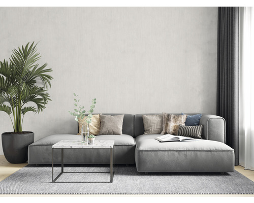 Woonkamer met grijze bank, salontafel, kamerplant en vloerkleed