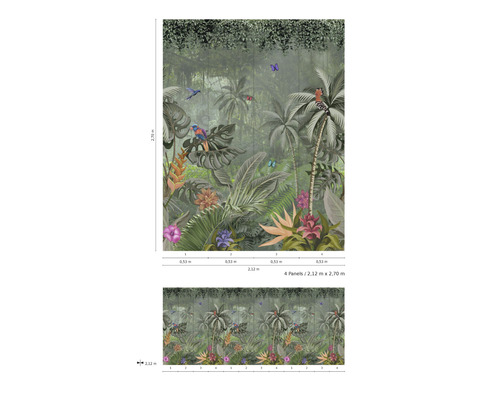 Vliesbehang met jungle motief, bestaande uit vier banen