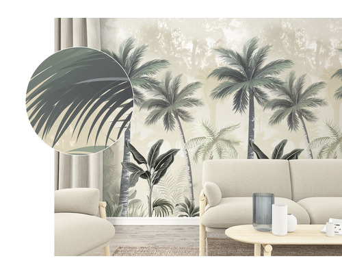 Woonkamer met palmboombosbehang en detailweergave