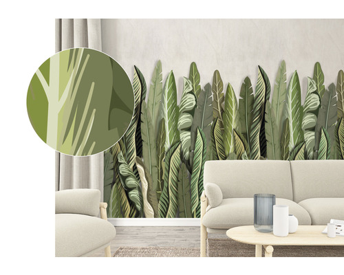 Woonkamer met vliesbehang met bladerenmotief