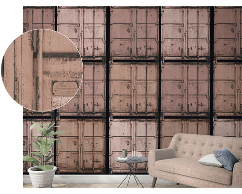 Woonkamer met behang in het ontwerp van op elkaar gestapelde containers