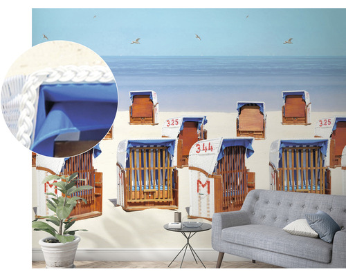 Fotobehang met strandstoelen aan de Noordzee in de woonkamer