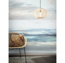 Decoratief interieur met rotan meubels, sierkussen, hanglamp en fotobehang met landschapsmotief